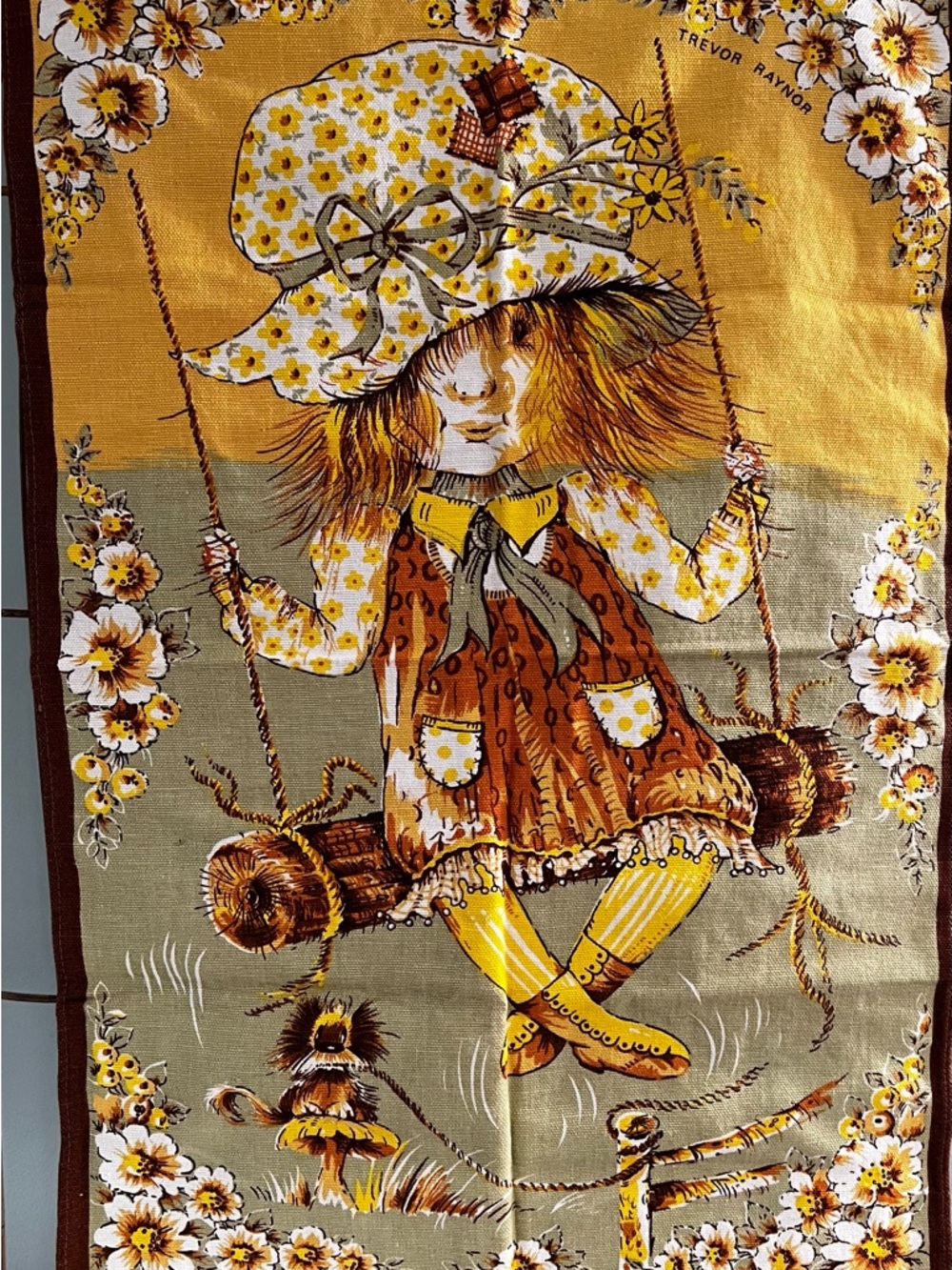Source Unknown Illustrated Textile with Mustard, Brown and Purple Accents